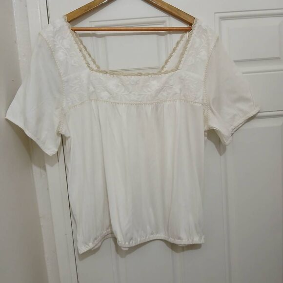 Lucky brand womens xlarge square neck white embroidery top soft texture - Picture 1 of 8